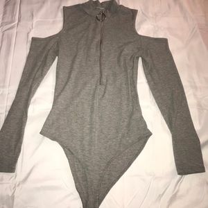 Gray open shoulder bodysuit